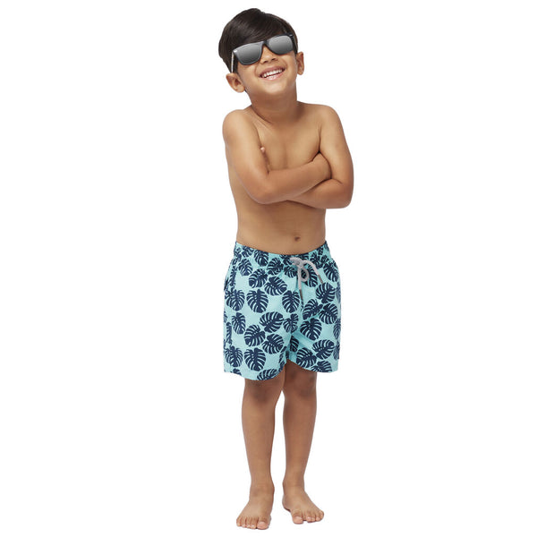 Tom & Teddy Boy's Leaf Swim Trunk | Aqua and Navy