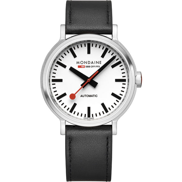 Mondaine Official Swiss Railways Automatic Backlight Watch 41 mm | Stainless Steel brushed/White Dial/Leather Strap