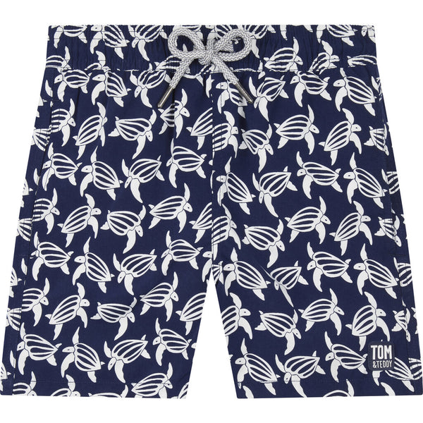 Tom & Teddy Boy's Turtle Swim Trunk | Deep Blue and White